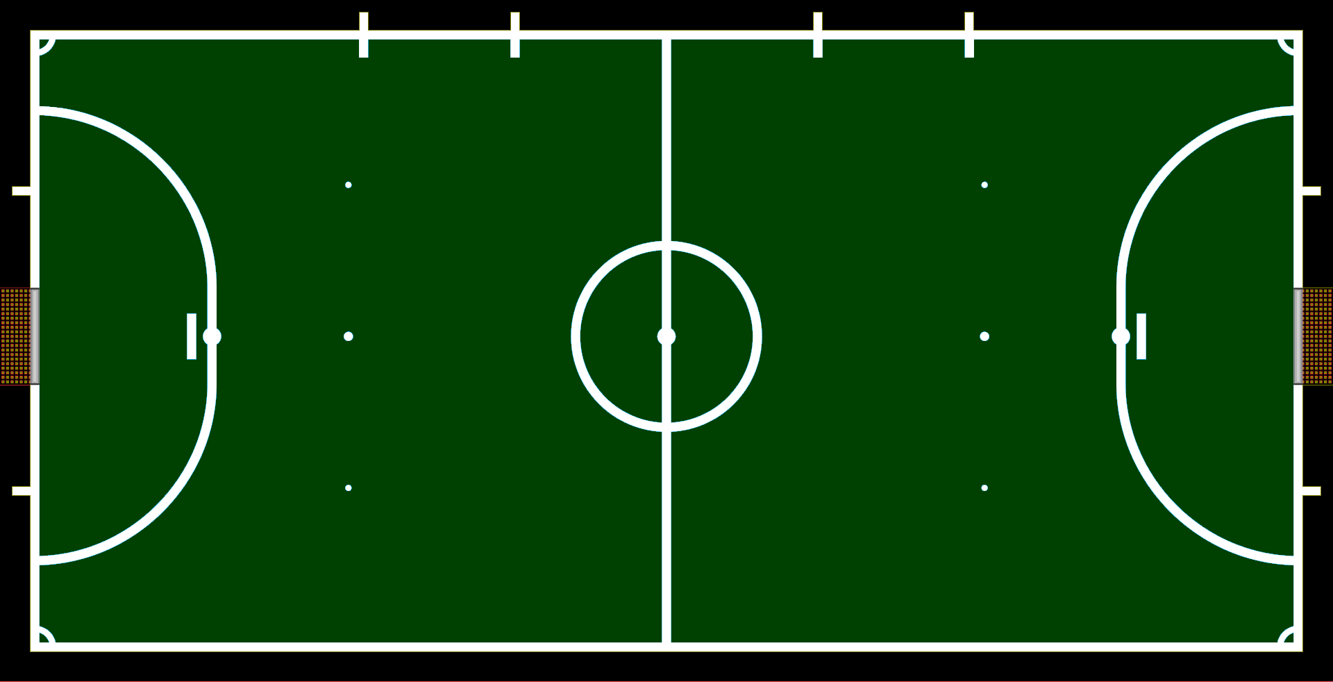 Top-down illustration of a futsal court with its main markings.
